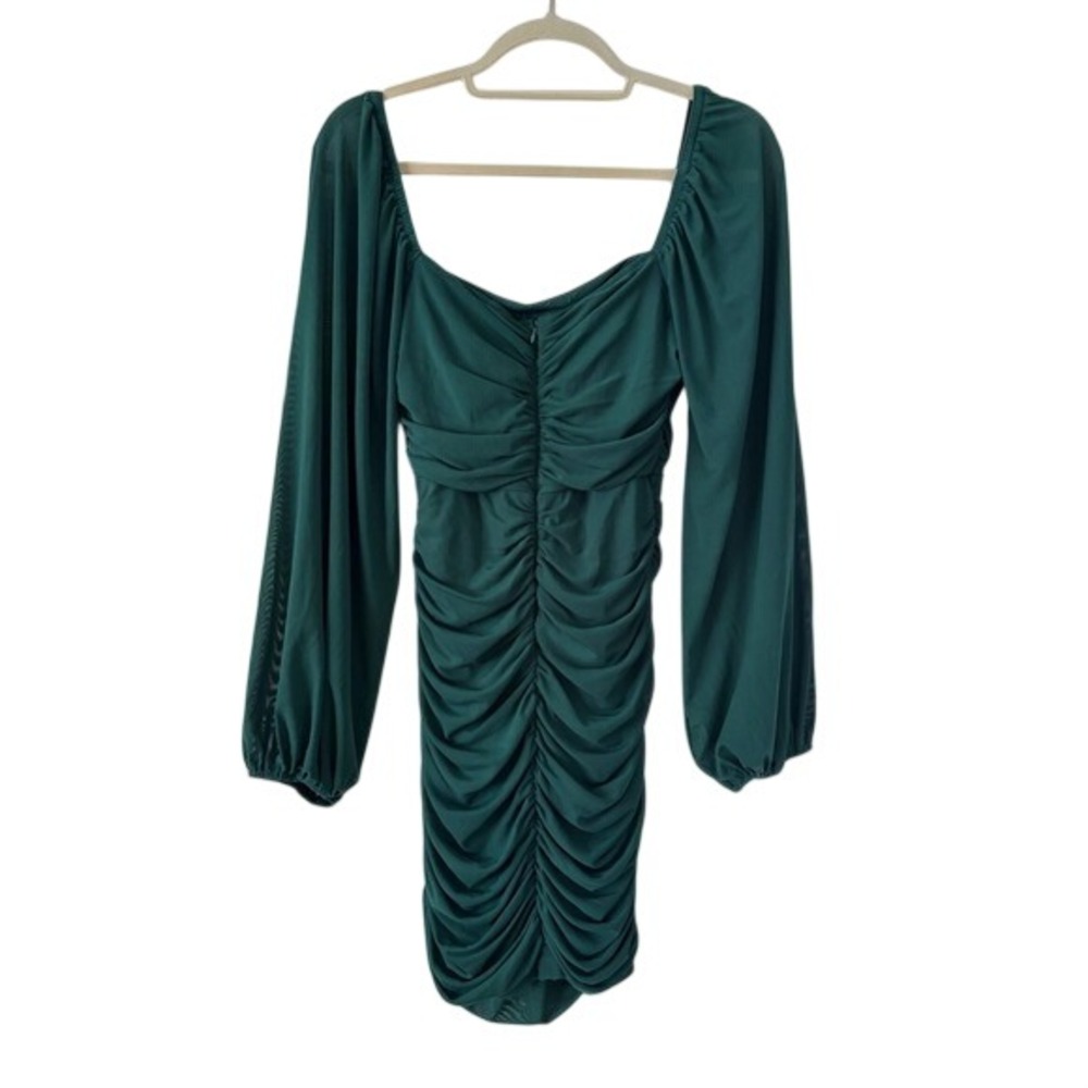Thats So Fetch Teal Green Ruched Bodycon Mini Dress Long Balloon Sleeve Size 10